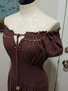 Newport News Brown Mauve Off-Shoulder Maxi Dress with Wooden Bead Accents